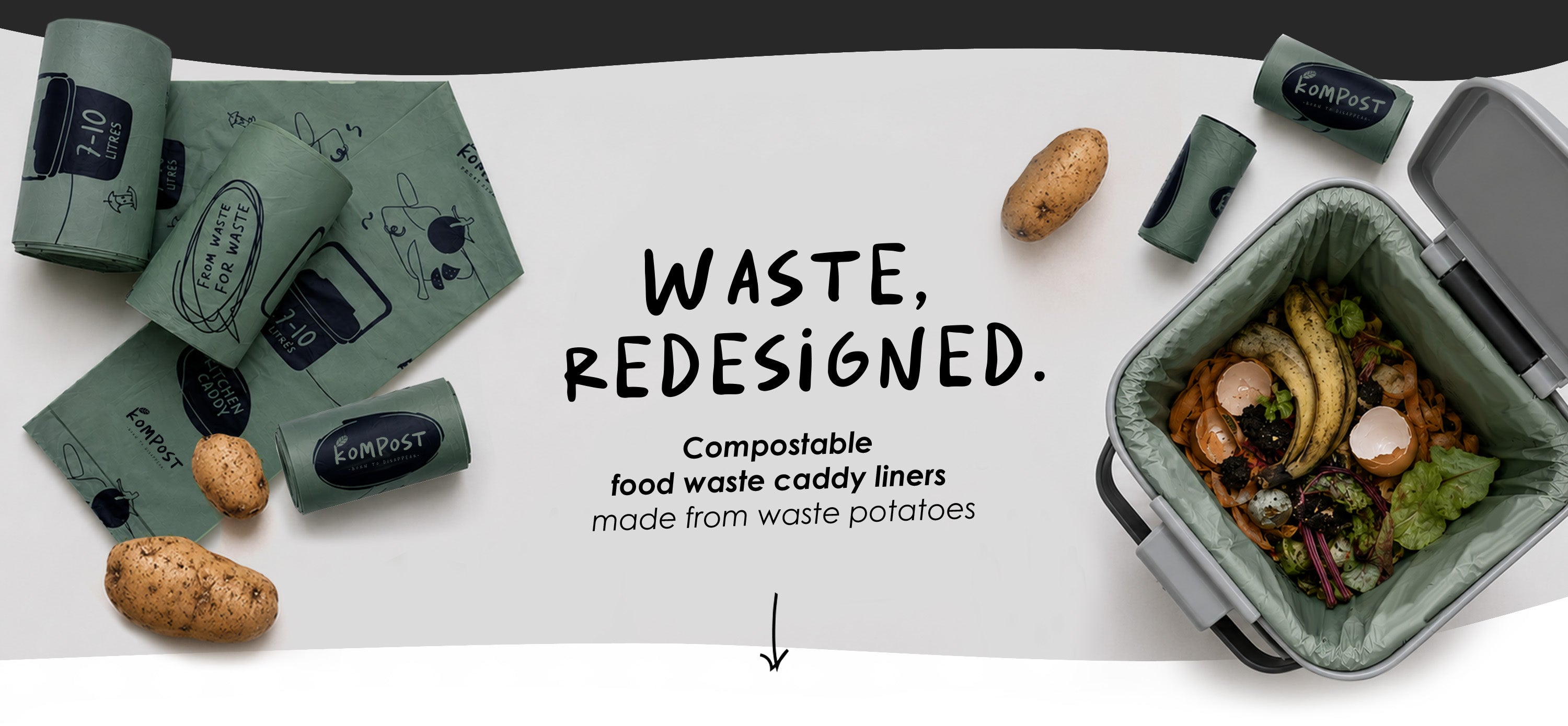 Kompost compostable food waste caddy liners made from waste potato starch, shown with a kitchen caddy filled with food scraps. rolls of different sizes fit for mini, medium and large kitchen and kerbside caddies