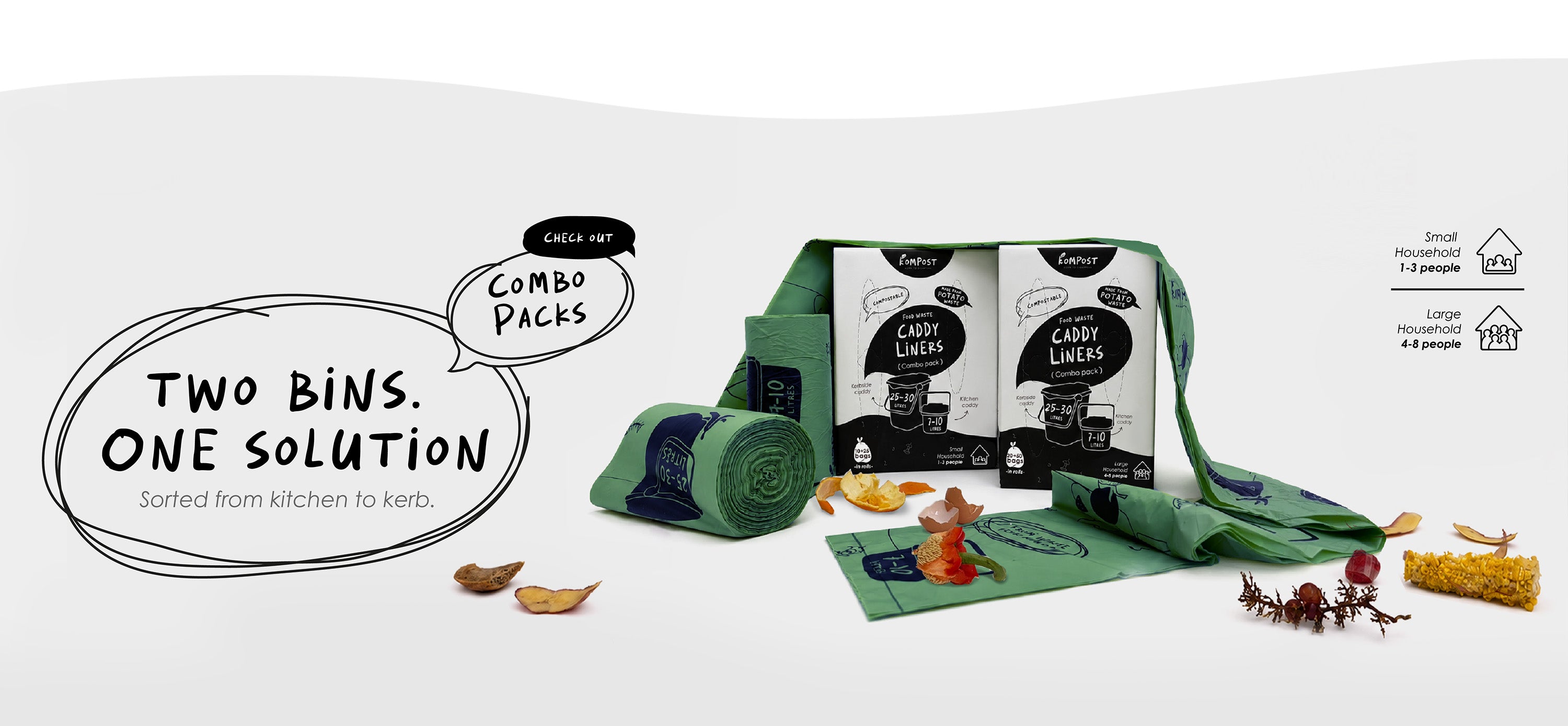Kompost compostable kitchen and kerbside food waste caddy liners made from waste potatoes. Combo pack offers two rolls in one pack for two different food waste bins - smaller for kitchen, bigger - for outside collection