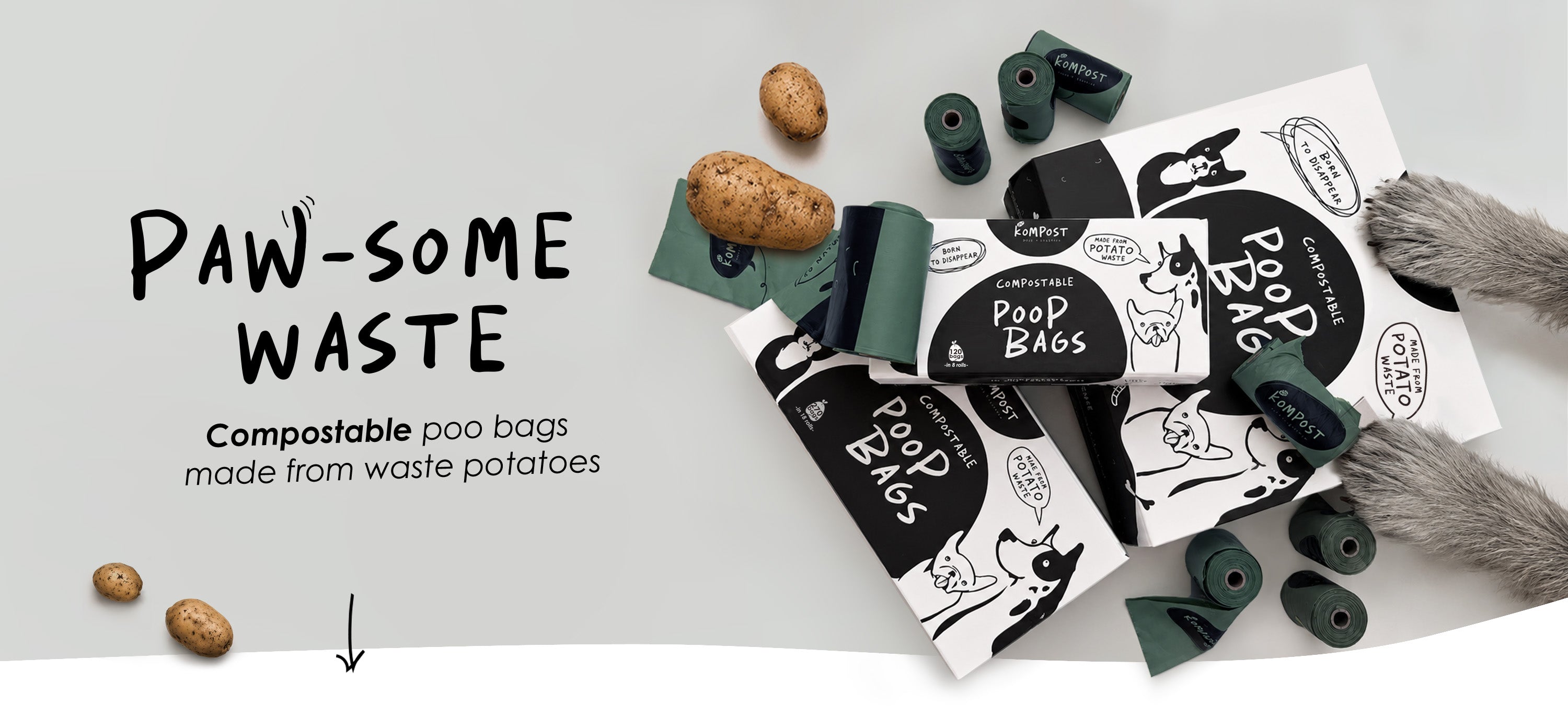 Kompost strong compostable dog poo bags made from waste potato starch and plant-based materials, with rolls and packaging for everyday dog walks.