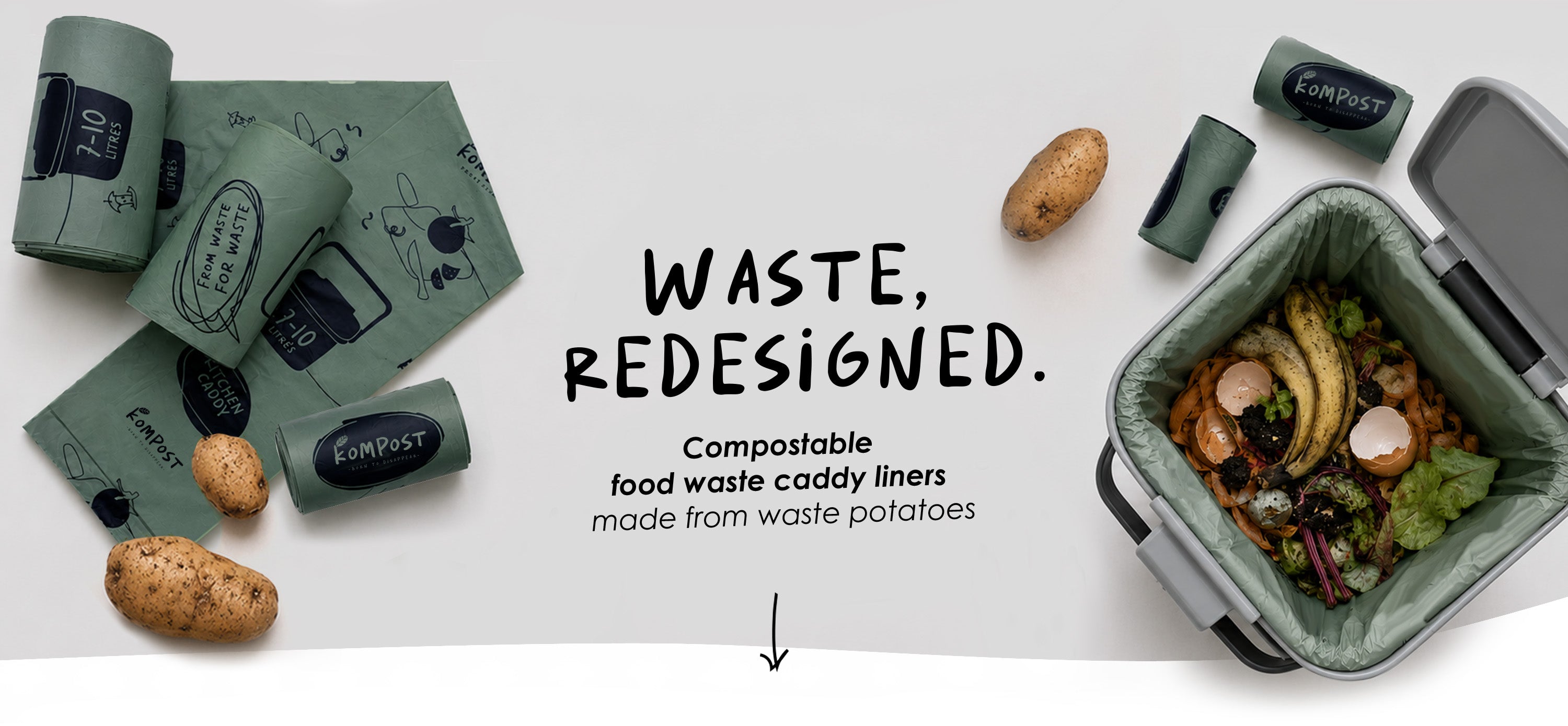 Kompost compostable food waste caddy liners made from waste potato starch, shown with a kitchen caddy filled with food scraps. rolls of different sizes fit for mini, medium and large kitchen and kerbside caddies